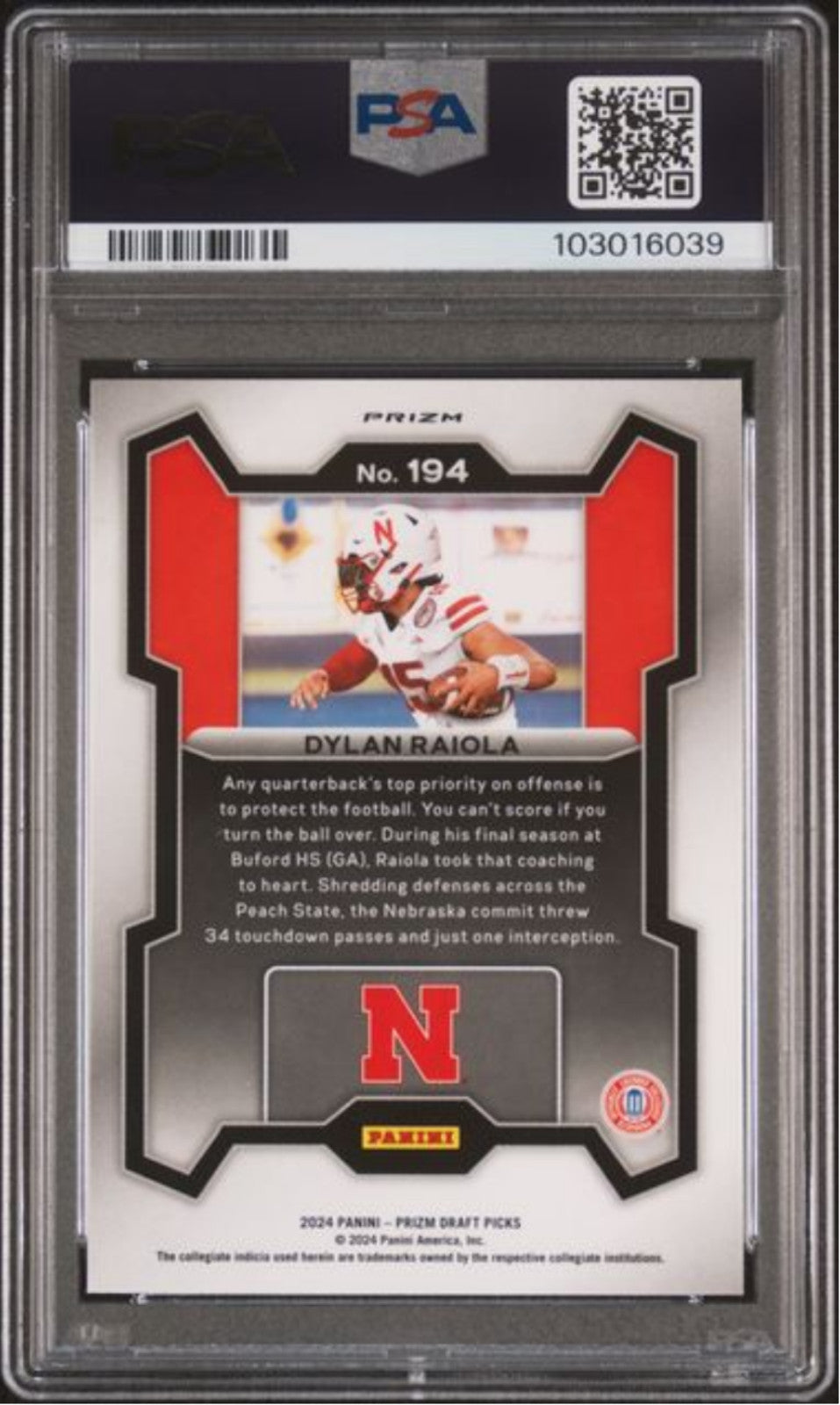 Graded 2024 Panini Prizm DP Dylan Raiola #194 Red Ice RC Football Card PSA 10