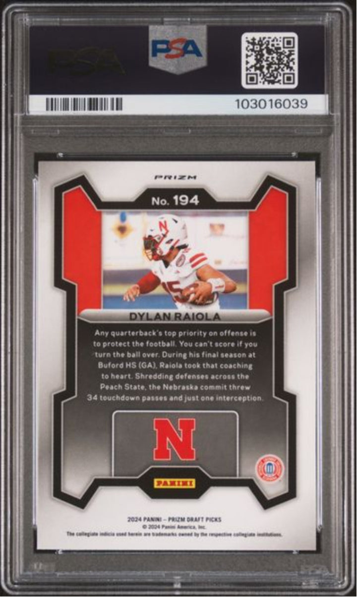 Graded 2024 Panini Prizm DP Dylan Raiola #194 Red Ice RC Football Card PSA 10