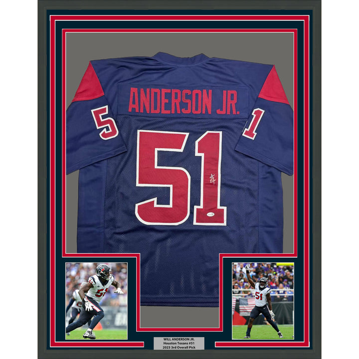 Framed Autographed/Signed Will Anderson Jr. 35x39 Houston Blue Jersey JSA COA