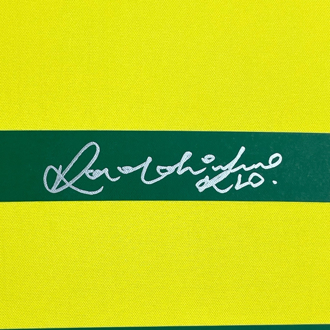 Framed Autographed/Signed Ronaldinho 33x42 Brazil Yellow Jersey Beckett COA