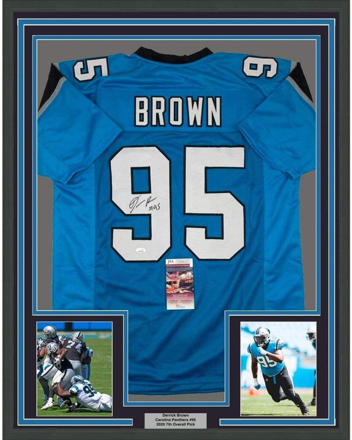 FRAMED Signed DERRICK BROWN 35x39 Carolina Blue Jersey JSA COA Auto