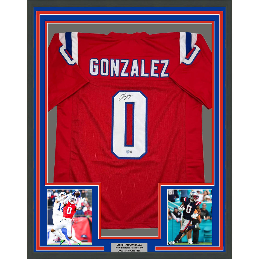 Framed Autographed/Signed Christian Gonzalez 35x39 NE Red Jersey Beckett BAS COA