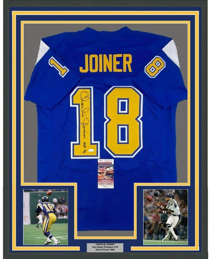 Framed Signed Charlie Joiner HOF 96 35x39 Royal Blue Jersey JSA COA