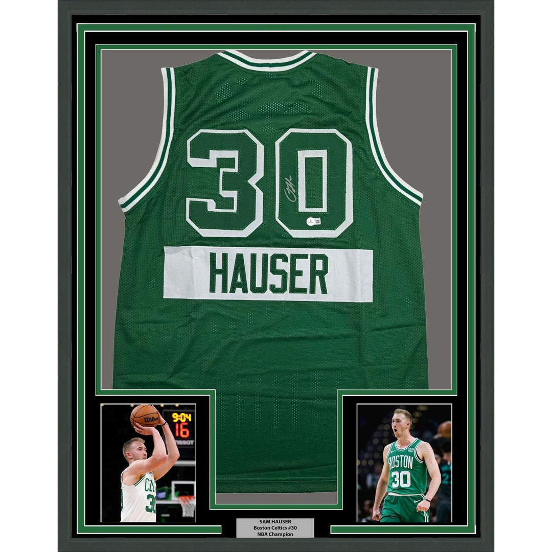 Framed Autographed/Signed Sam Hauser 35x39 Boston Green CE Jersey BAS COA