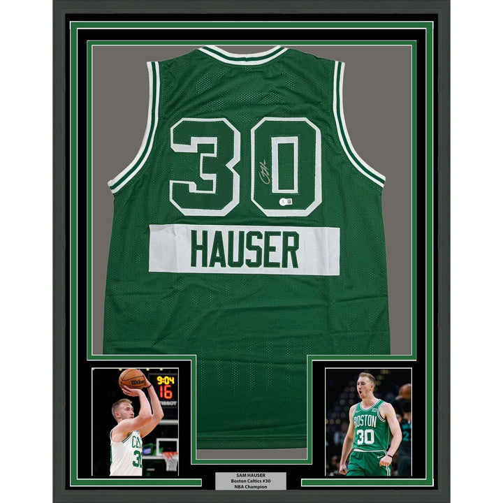 Framed Autographed/Signed Sam Hauser 35x39 Boston Green CE Jersey BAS COA