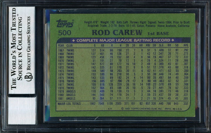 Rod Carew Signed 1982 Topps Card 500 California Angels Auto 10 Beckett