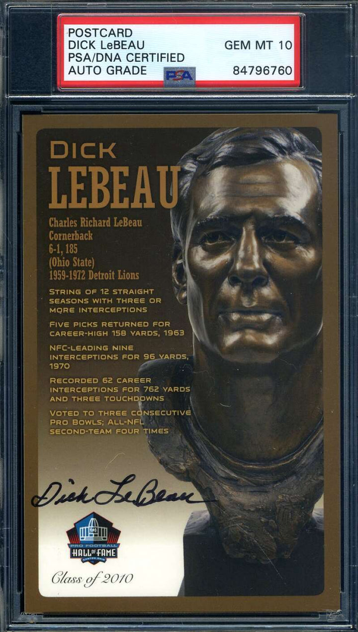 Dick LeBeau Gem Mint 10 PSA DNA Signed HOF Bronze Bust Postcard Autograph
