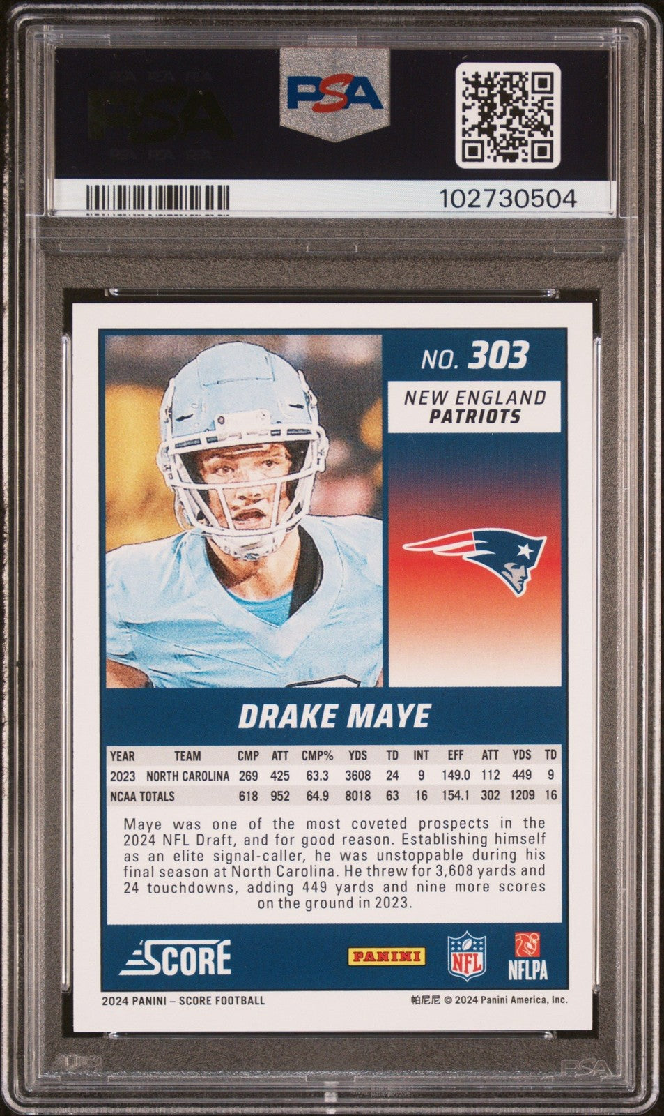 Graded 2024 Panini Score Drake Maye #303 Rookie RC Card PSA 10 Gem Mint