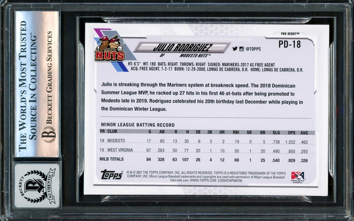 Julio Rodriguez Signed 2021 Topps Pro Debut RC #PD18 Mariners Auto GM 10 Beckett