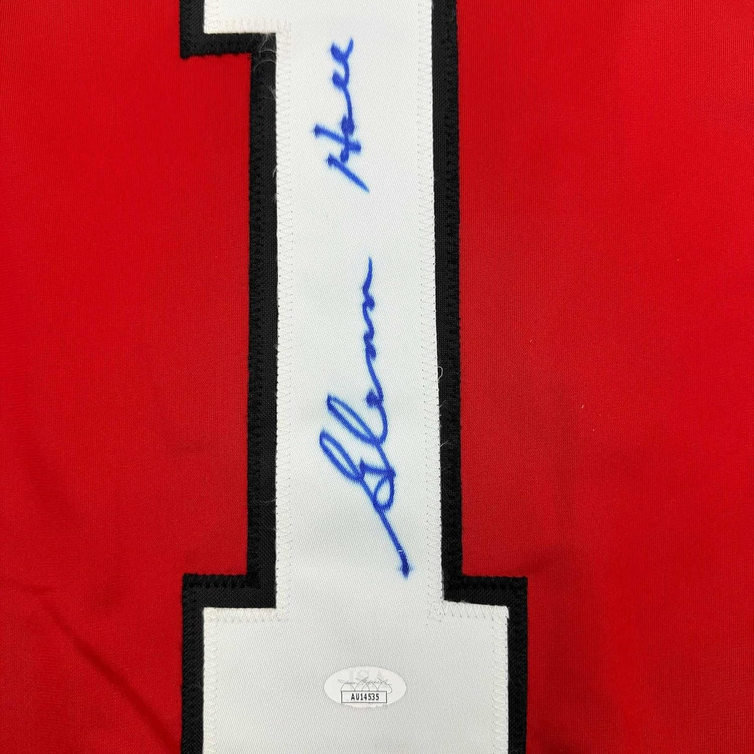 Framed Autographed/Signed Glenn Hall 35x39 Chicago Red Jersey JSA COA