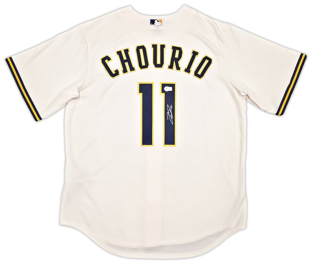 Milwaukee Brewers Jackson Chourio Signed Cream Nike Jersey Size XL Beckett