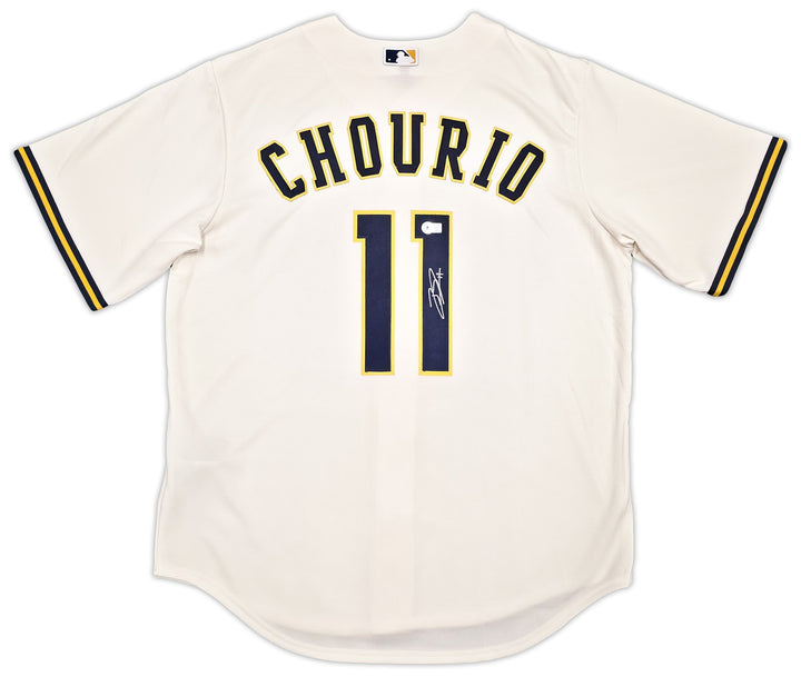 Milwaukee Brewers Jackson Chourio Signed Cream Nike Jersey Size XL Beckett