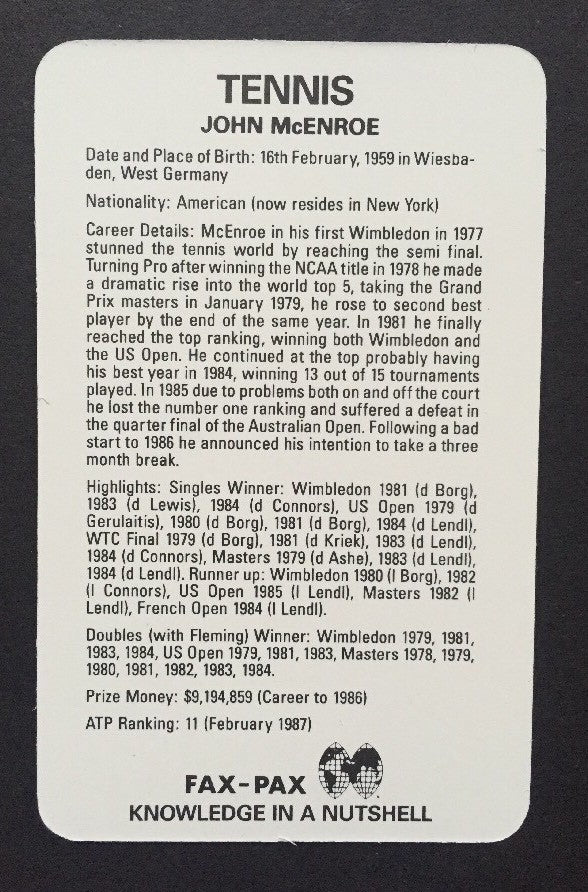 1986 FAX PAX TENNIS Factory Case 20 Set John McEnroe Steffi Graf Rc Mint Sets