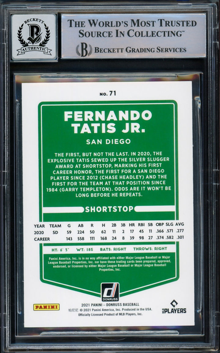 Fernando Tatis Jr. Signed 2021 Donruss Card 71 Padres Auto GM 10 Beckett
