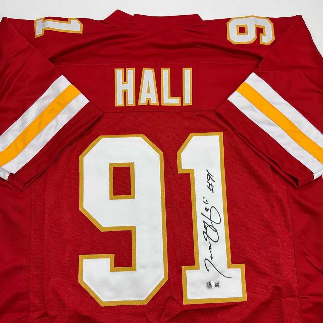 Autographed/Signed Tamba Hali Kansas City Red Football Jersey Beckett BAS COA