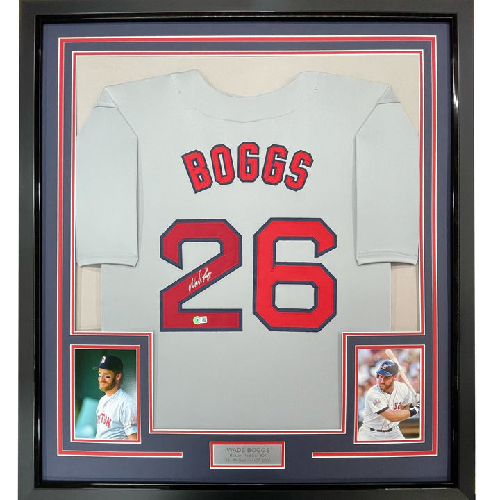 FRAMED Autographed/Signed WADE BOGGS 33x42 Boston Grey Jersey JSA COA