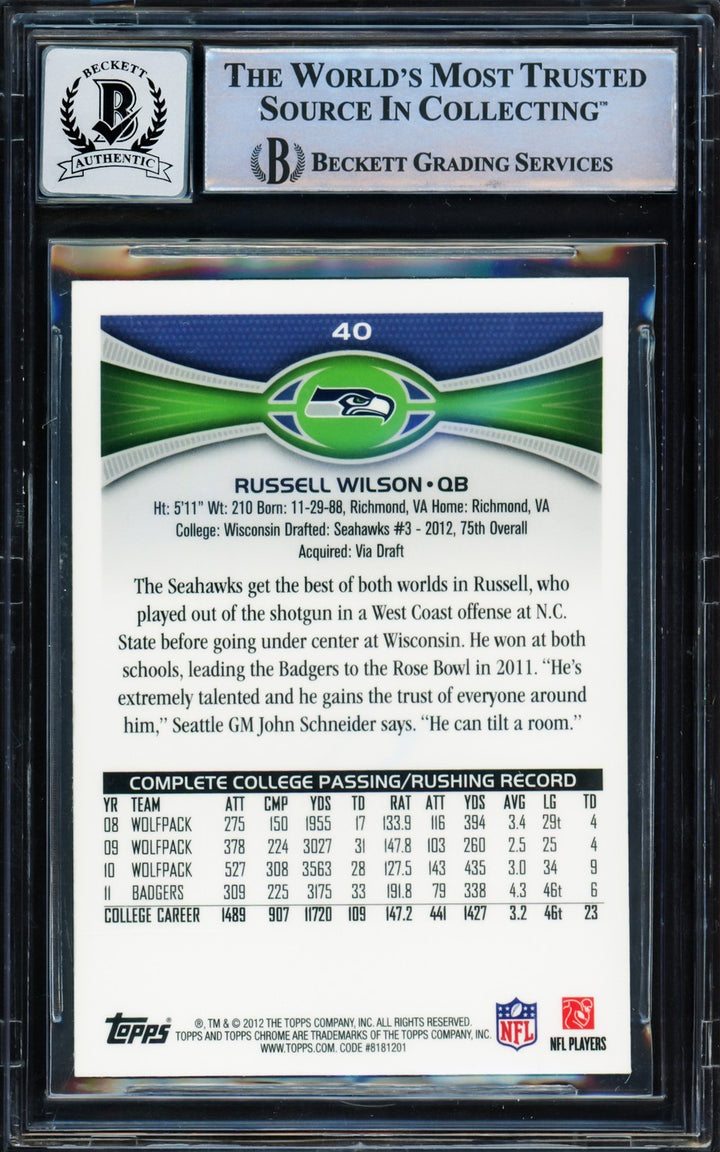 Russell Wilson Signed 2012 Topps Chrome RC 40A Seahawks Auto GM 10 Beckett