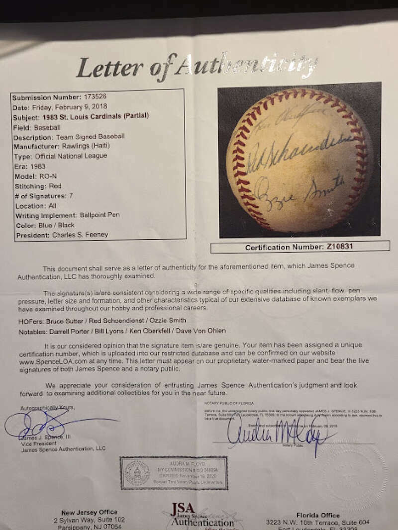 1983 Cardinals Ozzie Porter Red JSA Autograph NL Feeney Signed By 7 BasebaLL
