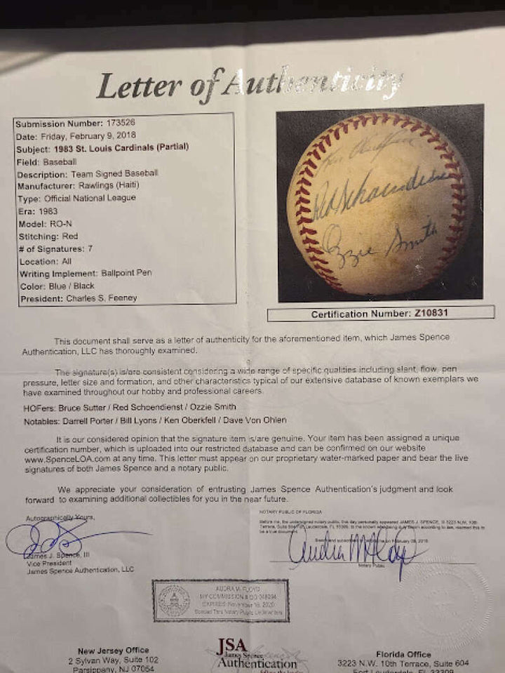 1983 Cardinals Ozzie Porter Red JSA Autograph NL Feeney Signed By 7 BasebaLL
