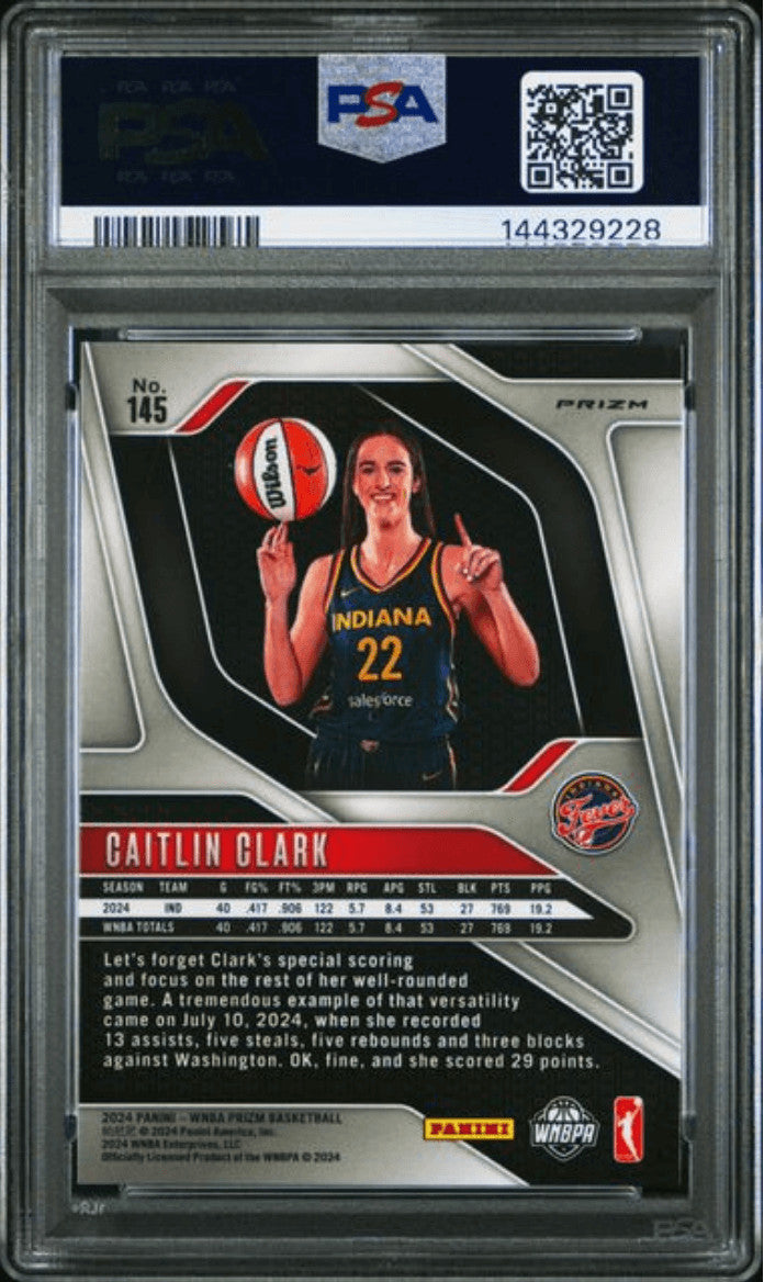 Graded 2024 Prizm Caitlin Clark #145 Blue Velocity RC Basketball Card PSA 10