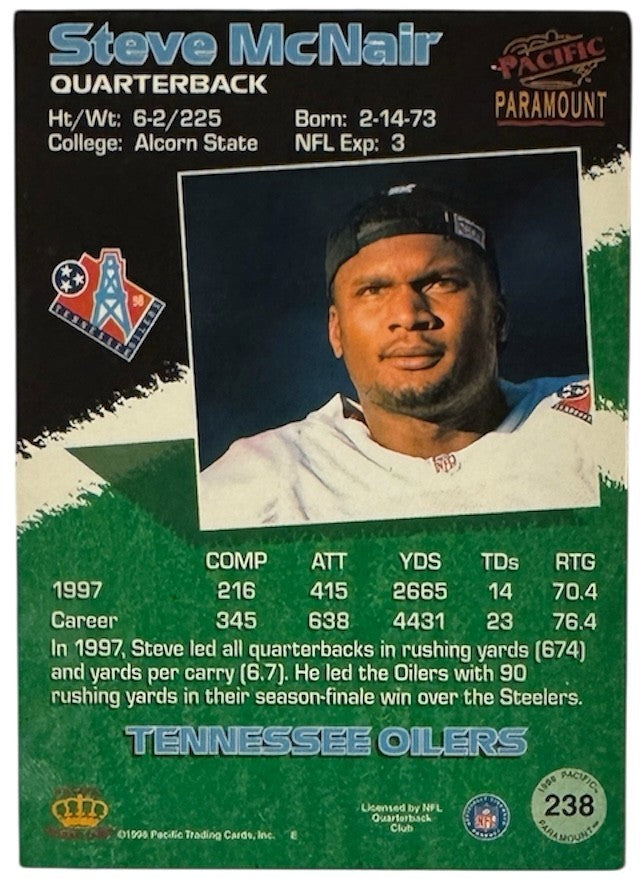 Steve McNair Signed 1998 Tennessee Oilers/Titans  Pacific Paramount Card 238 COA