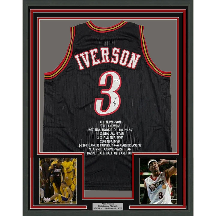 Framed Autographed/Signed Allen Iverson 35x39 Black Stat Jersey JSA COA