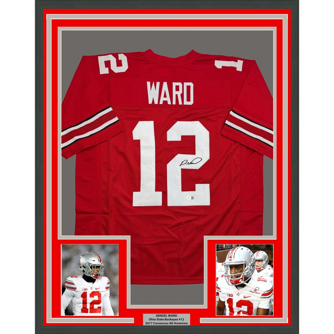 Framed Autographed/Signed Denzel Ward 35x39 Ohio State Red Jersey BAS COA