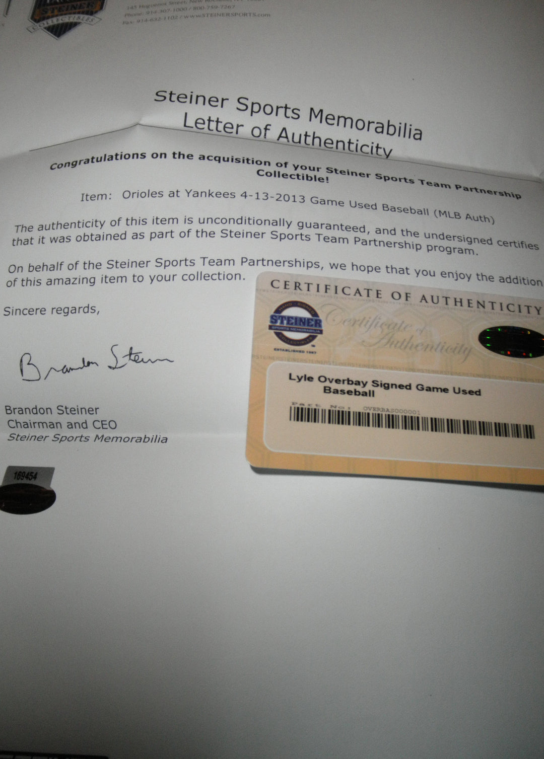 LYLE OVERBAY SIGNED GAME USED 2013 BALL ORIOLES @ NY YANKEES MILWAUKEE BREWERS