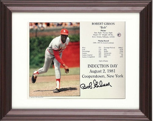 Bob Gibson signed Cardinals Hall of Fame Induction 8x10 Photo FRAMED - COA/HOF