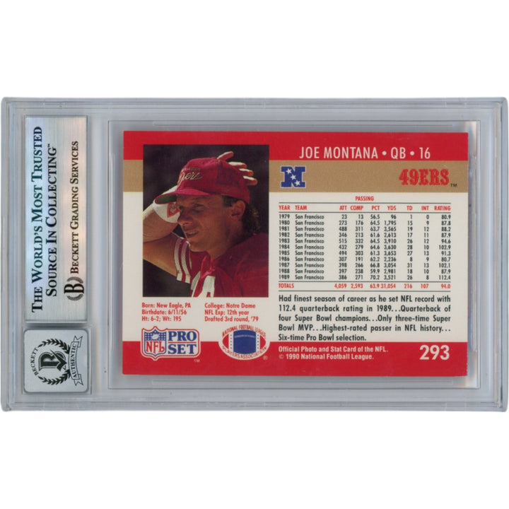 Joe Montana Autographed 1990 NFL Pro Set #293 Slab Trading Card Beckett 49920