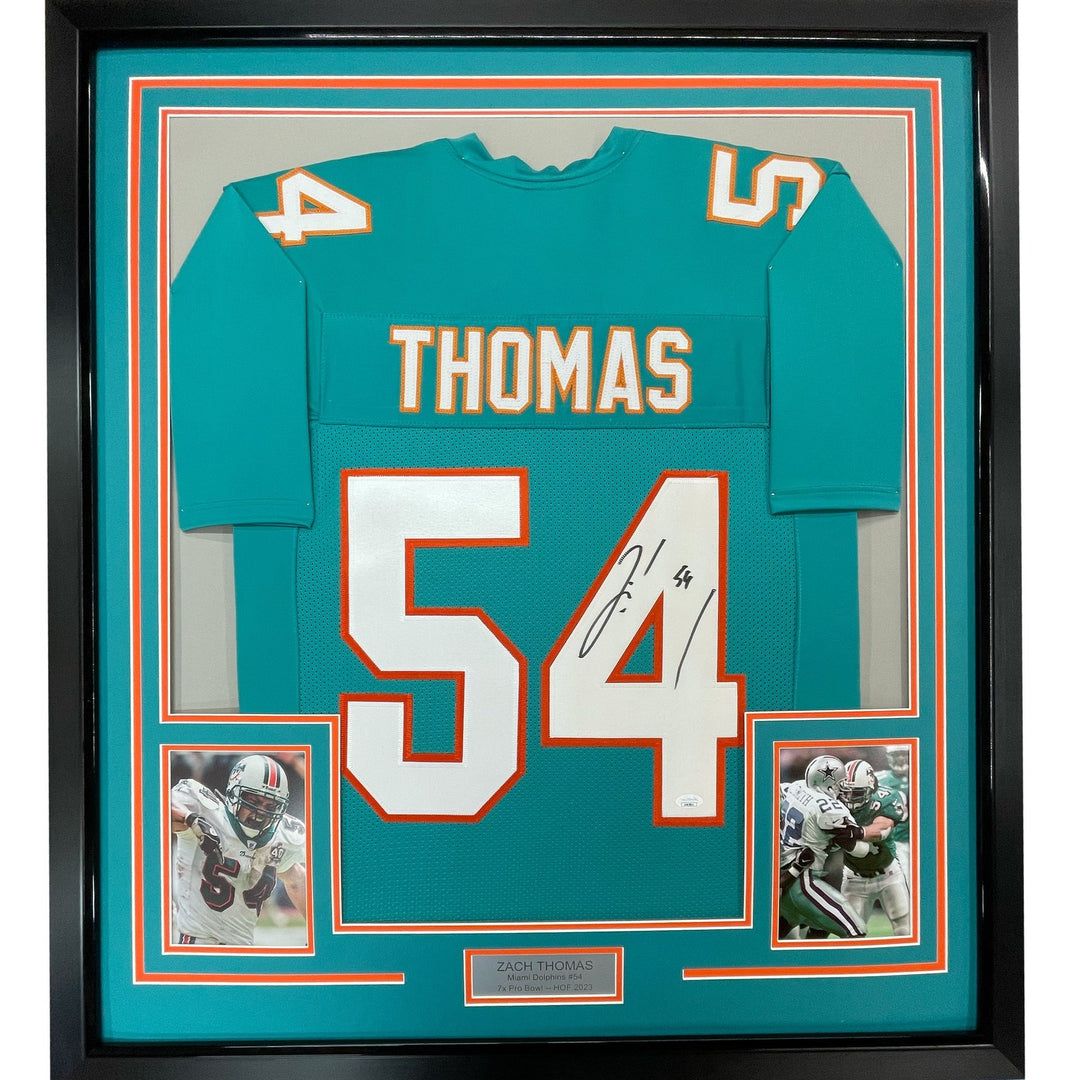 Framed Autographed/Signed Zach Thomas 35x39 Miami Teal Jersey JSA COA