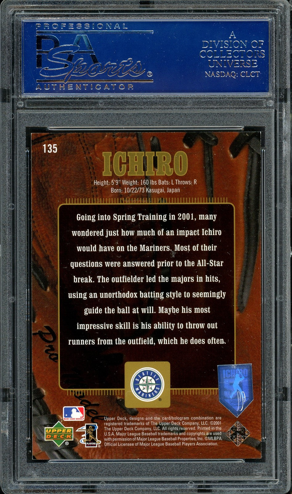 Ichiro Suzuki Signed 2001 Upper Deck Gold Glove RC 135 Mariners #444/500 PSA/DNA