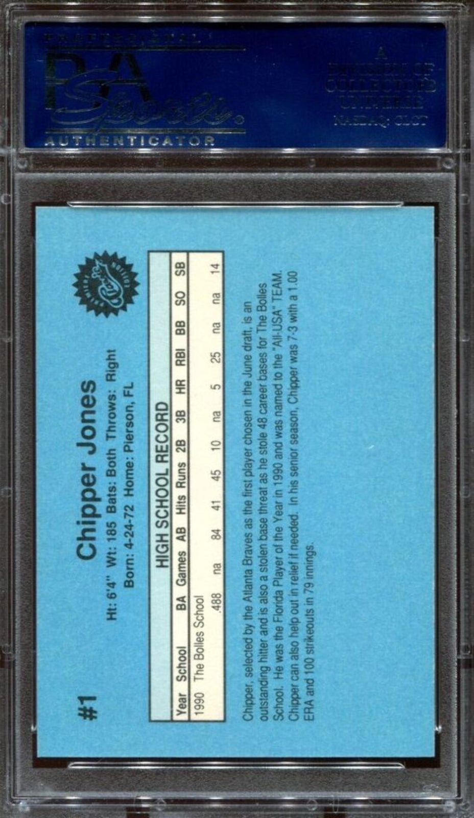 Graded 1990 Classic Chipper Jones #1 Draft Picks Rookie RC Baseball Card PSA 10