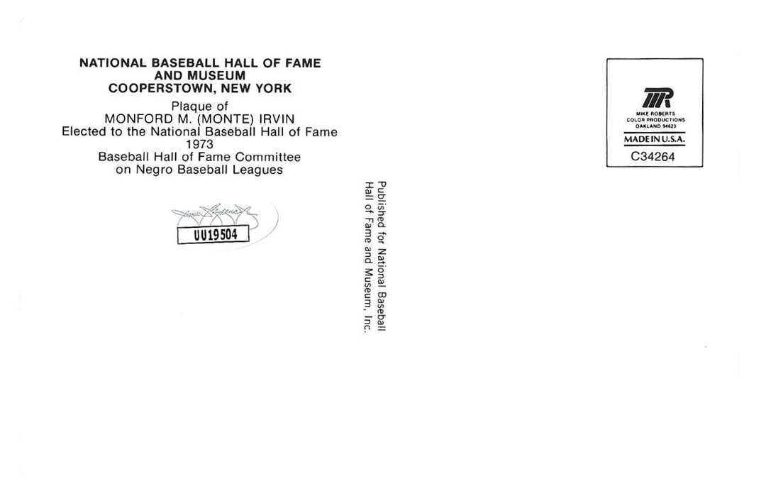 Monte Irvin Signed HOF Plaque Postcard JSA COA NY SF Giants Autograph