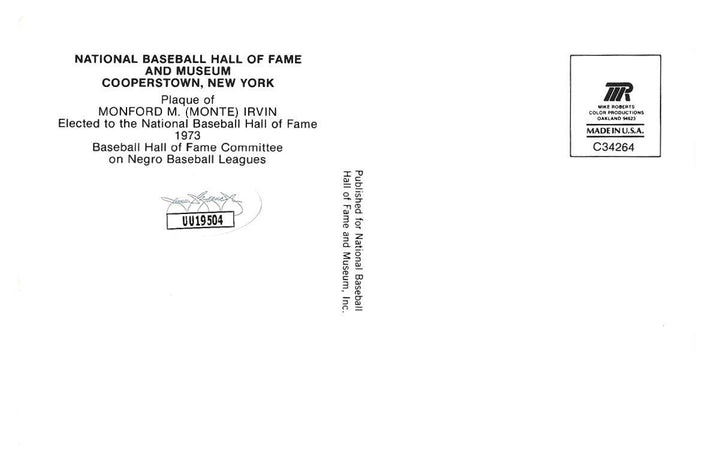 Monte Irvin Signed HOF Plaque Postcard JSA COA NY SF Giants Autograph