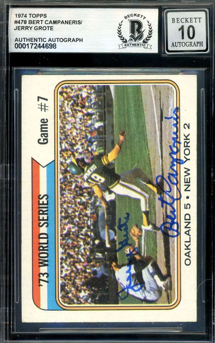 Bert Campaneris Jerry Grote Gem Mint 10 Beckett BAS Signed 1974 Topps 1973 WS