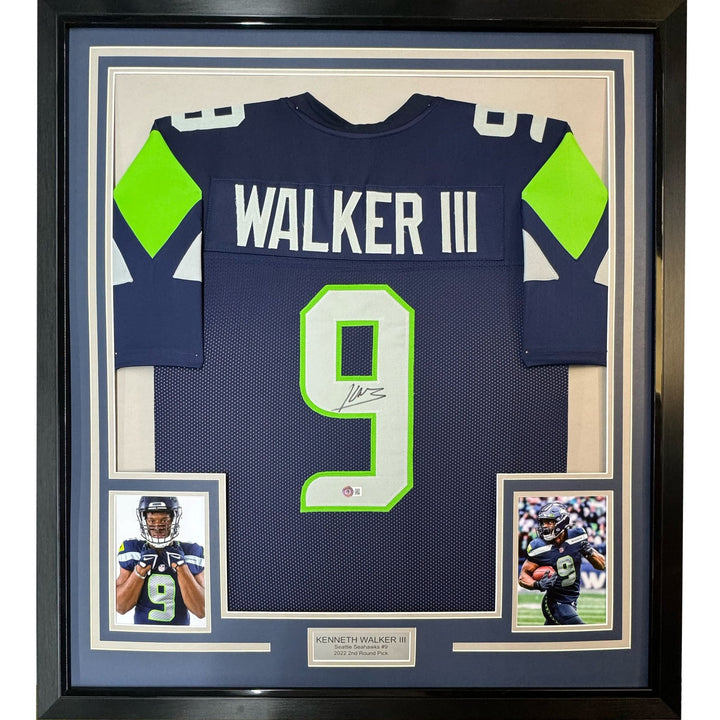 Framed Autographed/Signed Kenneth Walker 33x42 Seattle Blue Jersey BAS COA