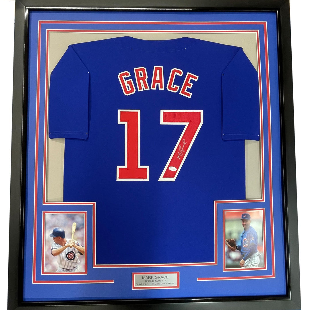 FRAMED Autographed/Signed MARK GRACE 33x42 Chicago Blue Jersey JSA COA Auto