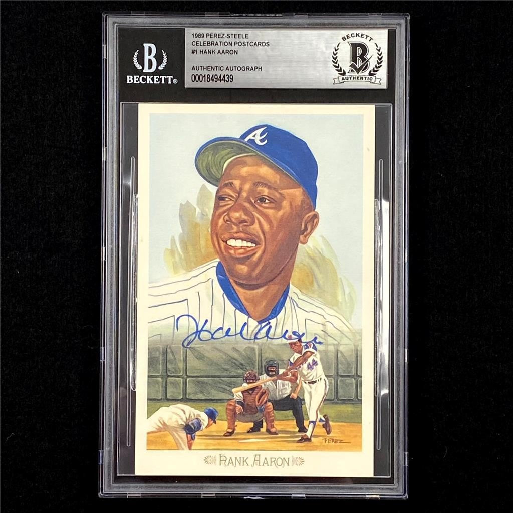 Hank Aaron signed 1989 Perez-Steele Celebration Postcard #1 auto ~ Beckett BAS