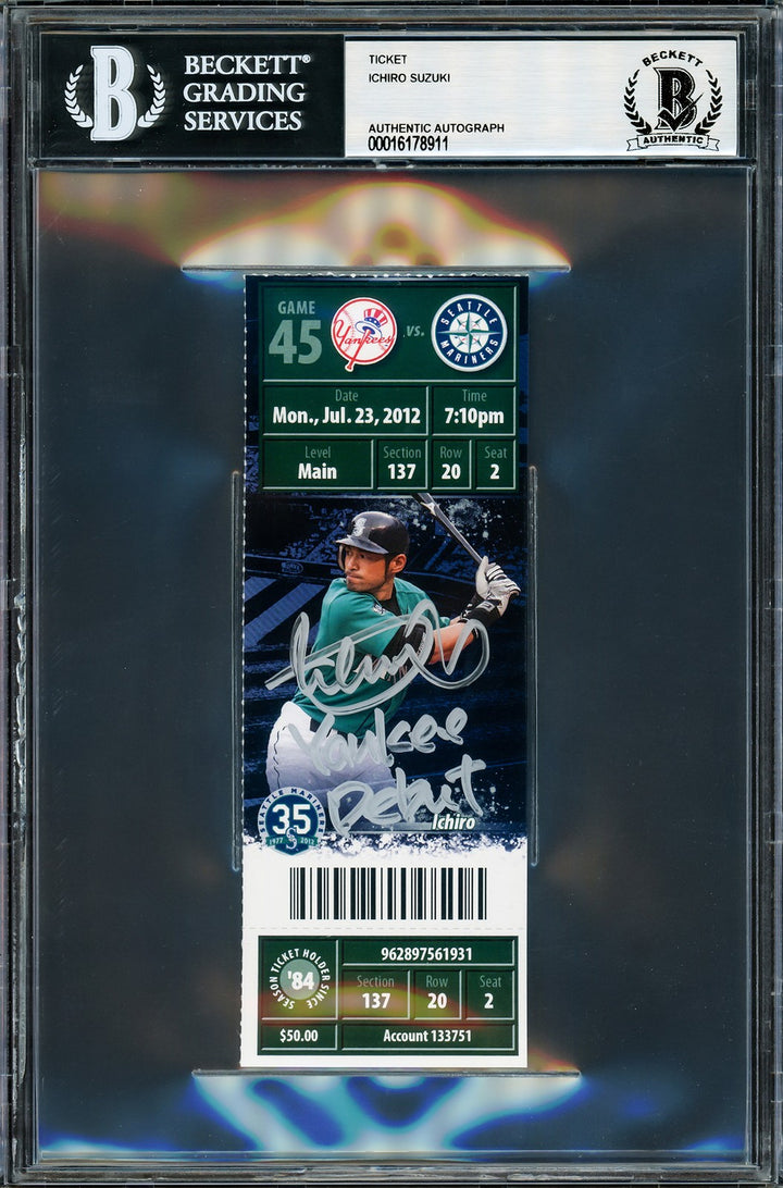 Ichiro Suzuki Auto 7/23/12 Full Stadium Game Ticket Yankees Yankee Debut Beckett