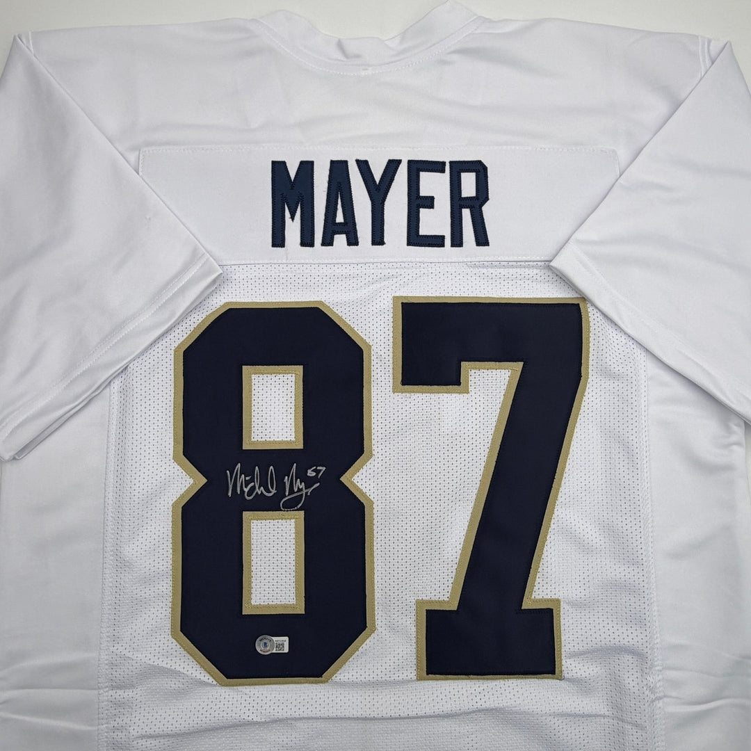 Autographed/Signed Michael Mayer Notre Dame White College Jersey Beckett BAS COA