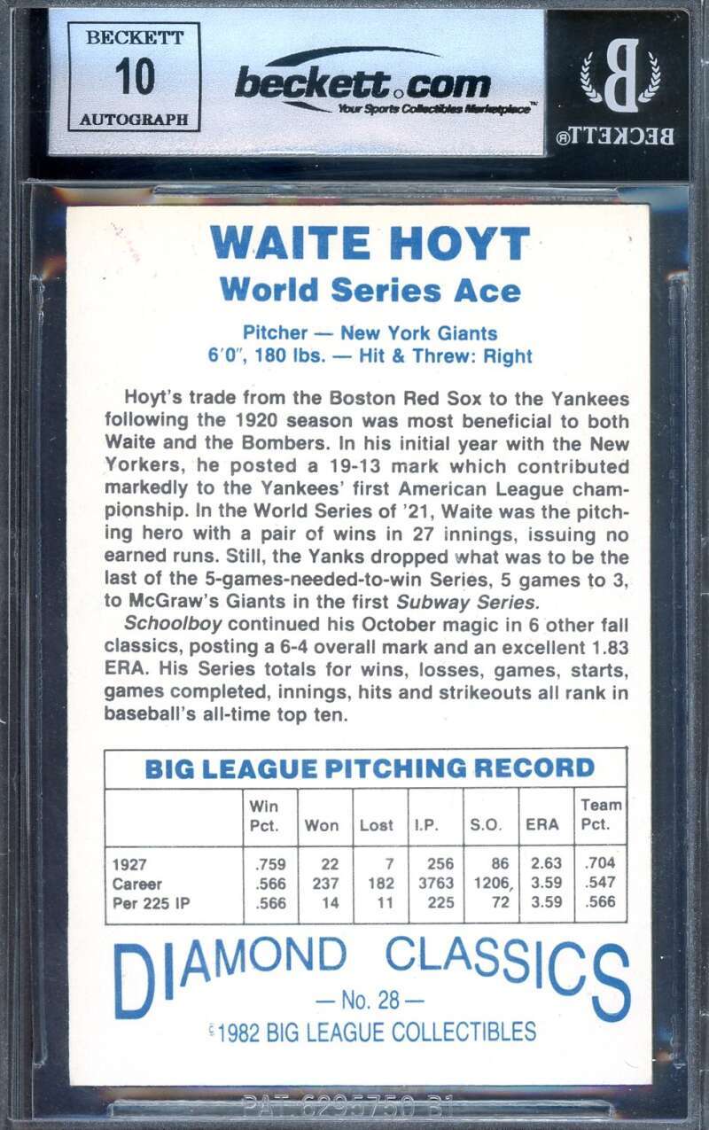 Waite Hoyt Gem Mint 10 Beckett BAS Signed 1982-83 Diamond Classics Autograph