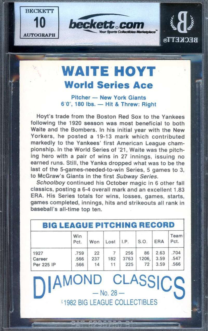 Waite Hoyt Gem Mint 10 Beckett BAS Signed 1982-83 Diamond Classics Autograph