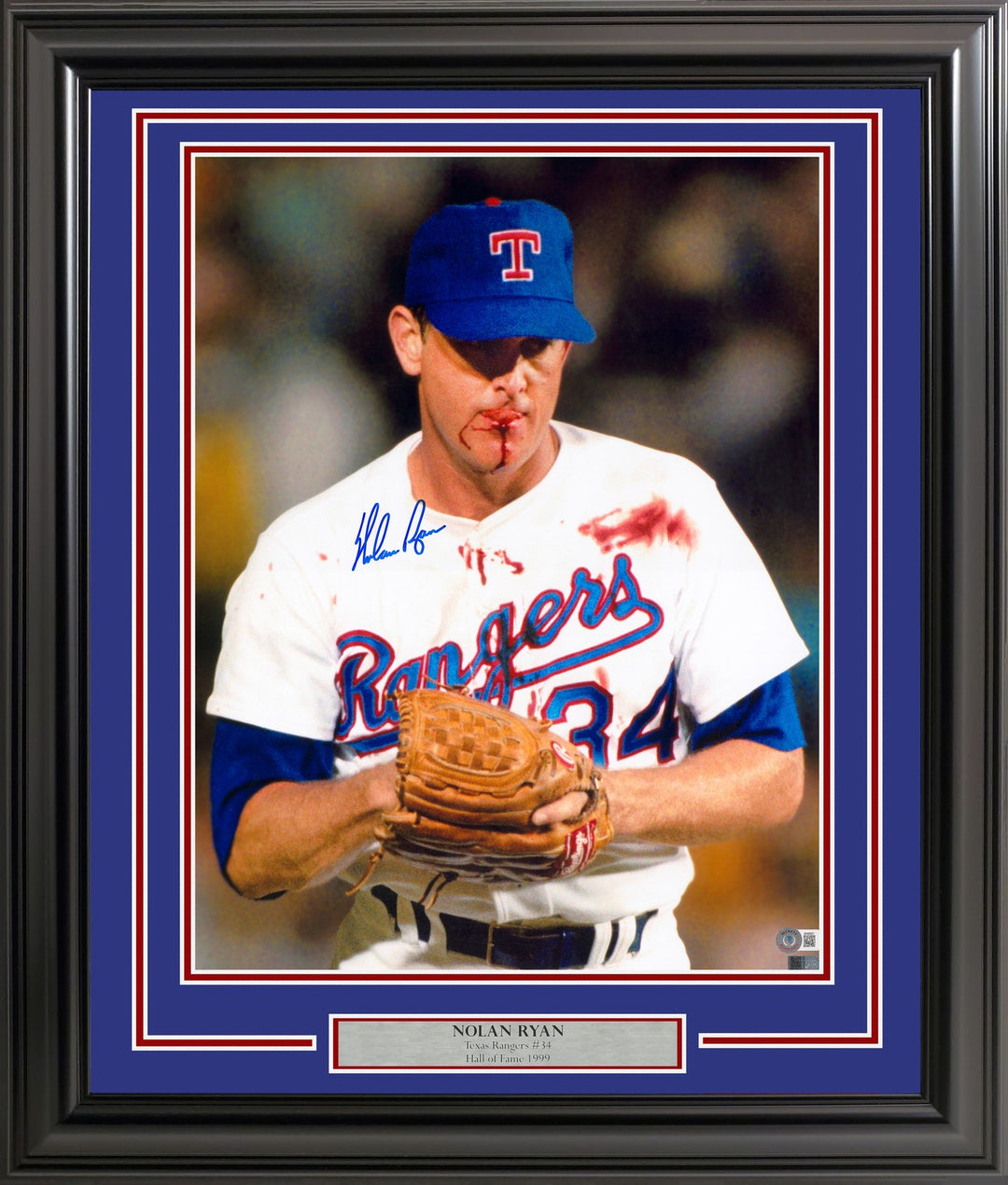 Nolan Ryan Signed Framed 16x20 Photo Texas Rangers Bloody Beckett BAS QR