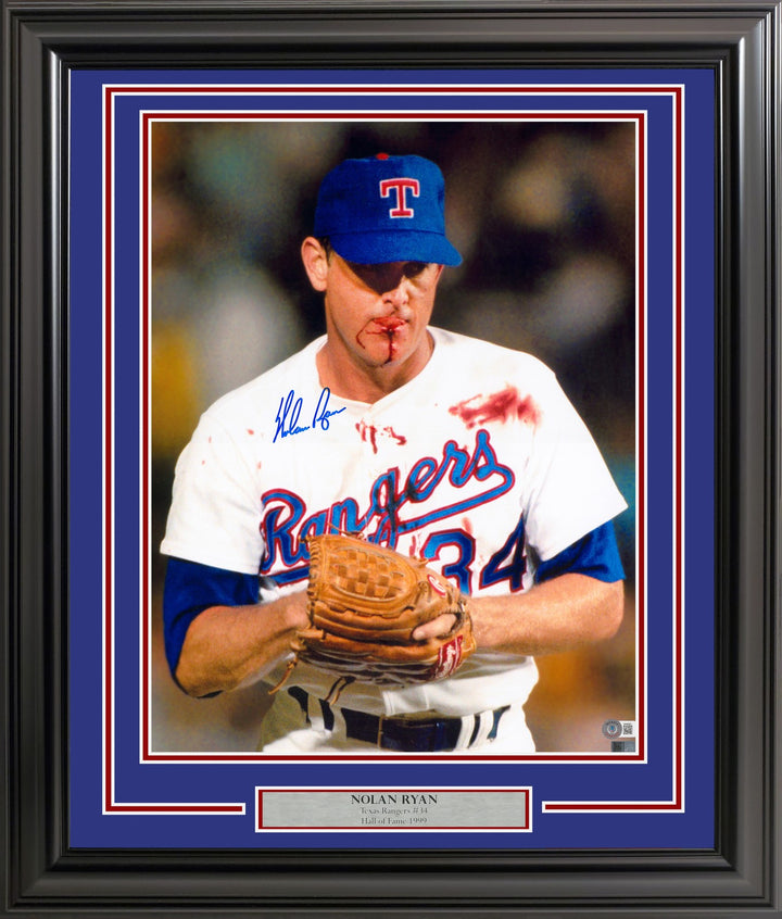Nolan Ryan Signed Framed 16x20 Photo Texas Rangers Bloody Beckett BAS QR