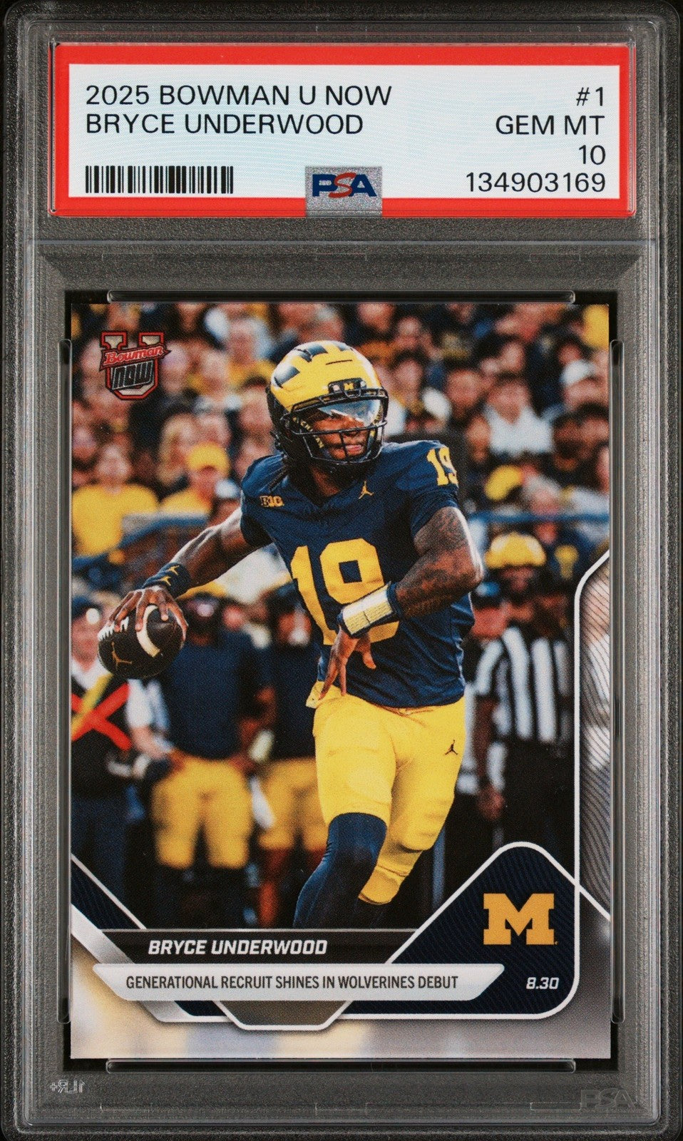 Graded 2025 Bowman U Now Bryce Underwood #1 Rookie RC Football Card PSA 10