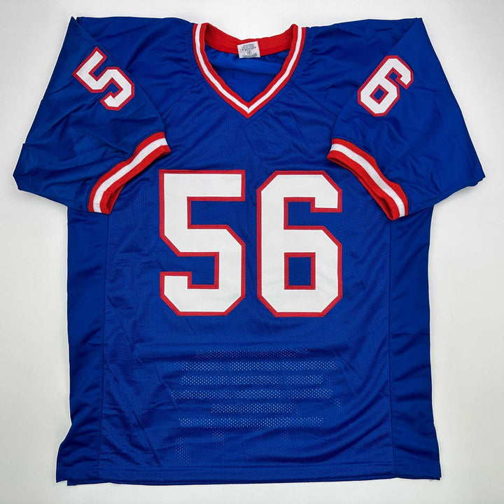 Autographed/Signed Lawrence Taylor New York Blue Stat Jersey Beckett COA