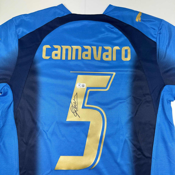 Autographed/Signed Fabio Cannavaro Italy Blue Futbol Jersey Beckett BAS COA