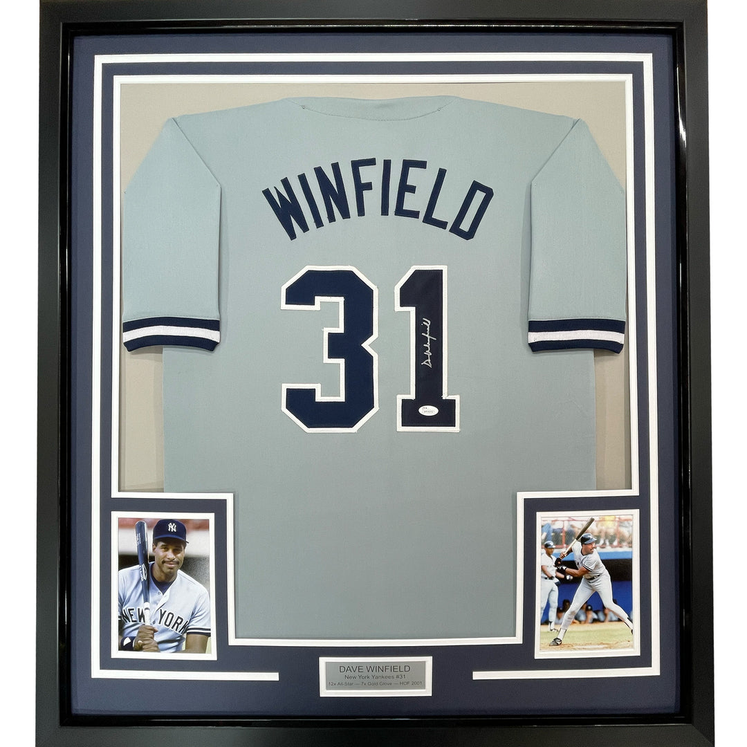 FRAMED Autographed/Signed DAVE WINFIELD 33x42 New York Grey Jersey JSA COA Auto