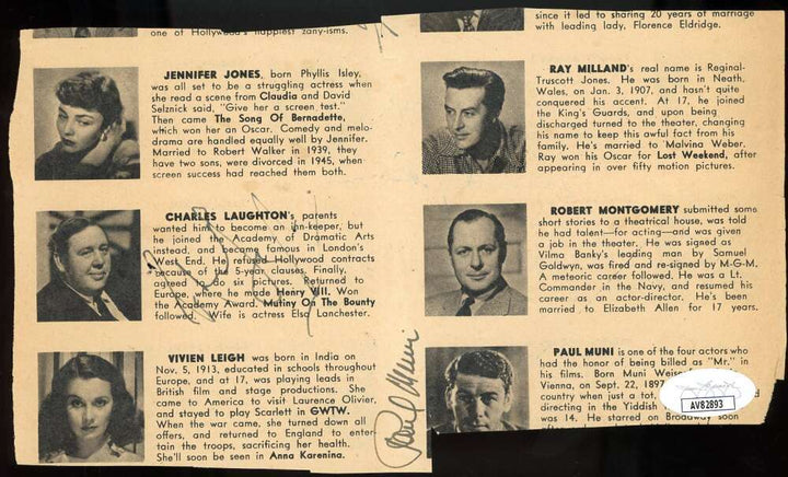 Tyrone Power Edward Robinson Charles Laughton Paul Muni JSA Signed Magazine Cut